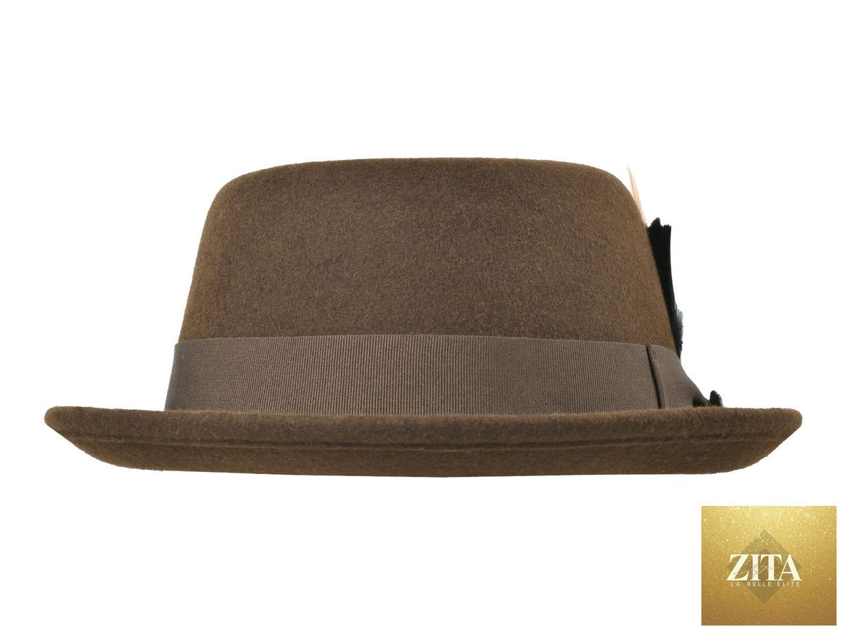 Chocolate wool felt pork pie hat by Zita La Belle Elite, featuring a classic stingy brim and stylish design.
