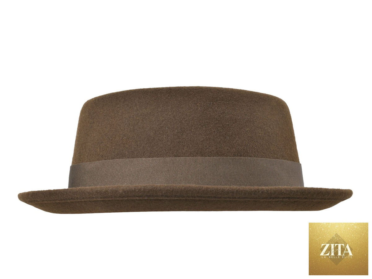 Chocolate wool felt pork pie hat by Zita La Belle Elite, featuring a classic stingy brim and stylish design.