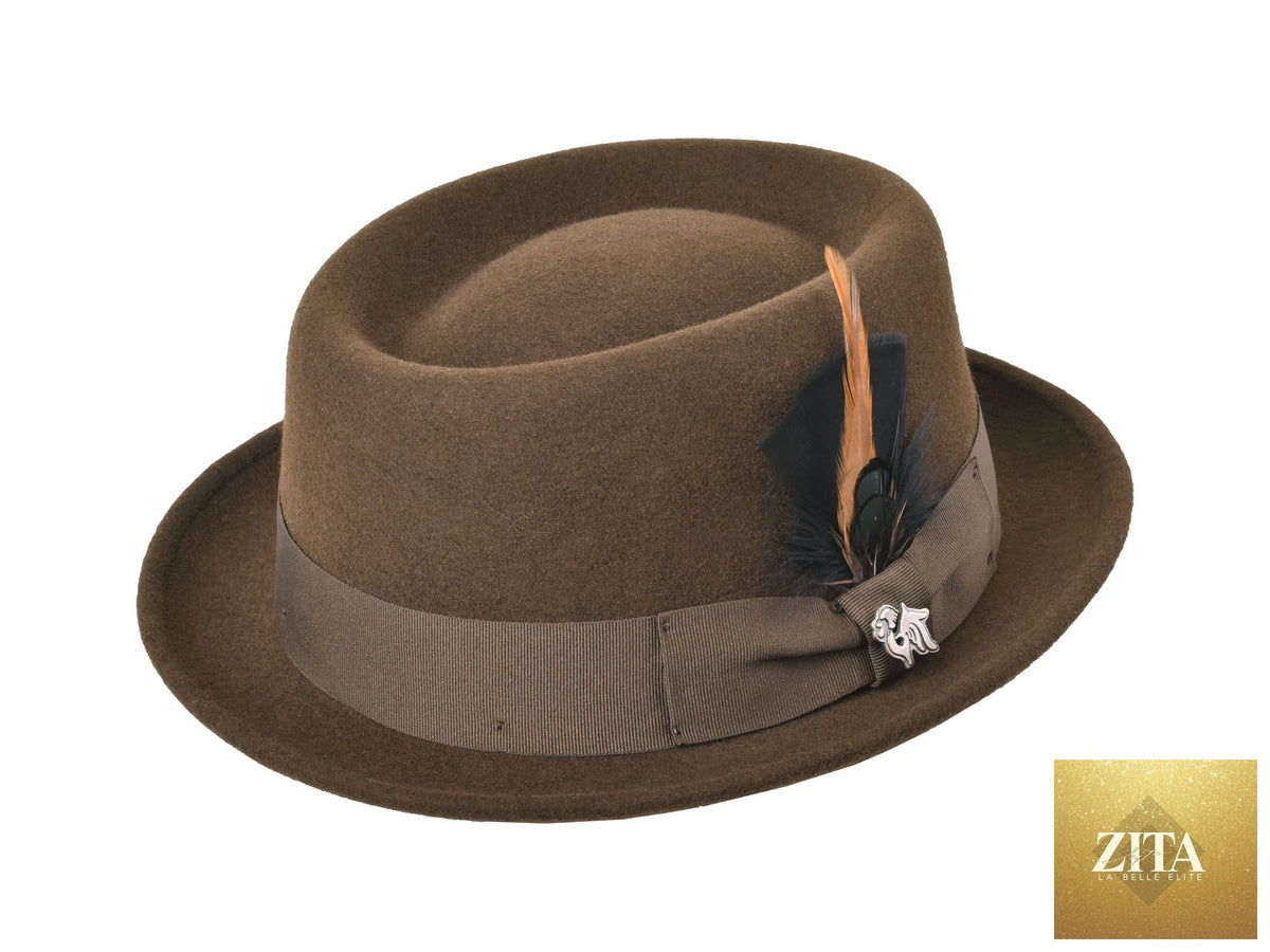Chocolate wool felt pork pie hat by Zita La Belle Elite with a classic stingy brim and rounded crown.