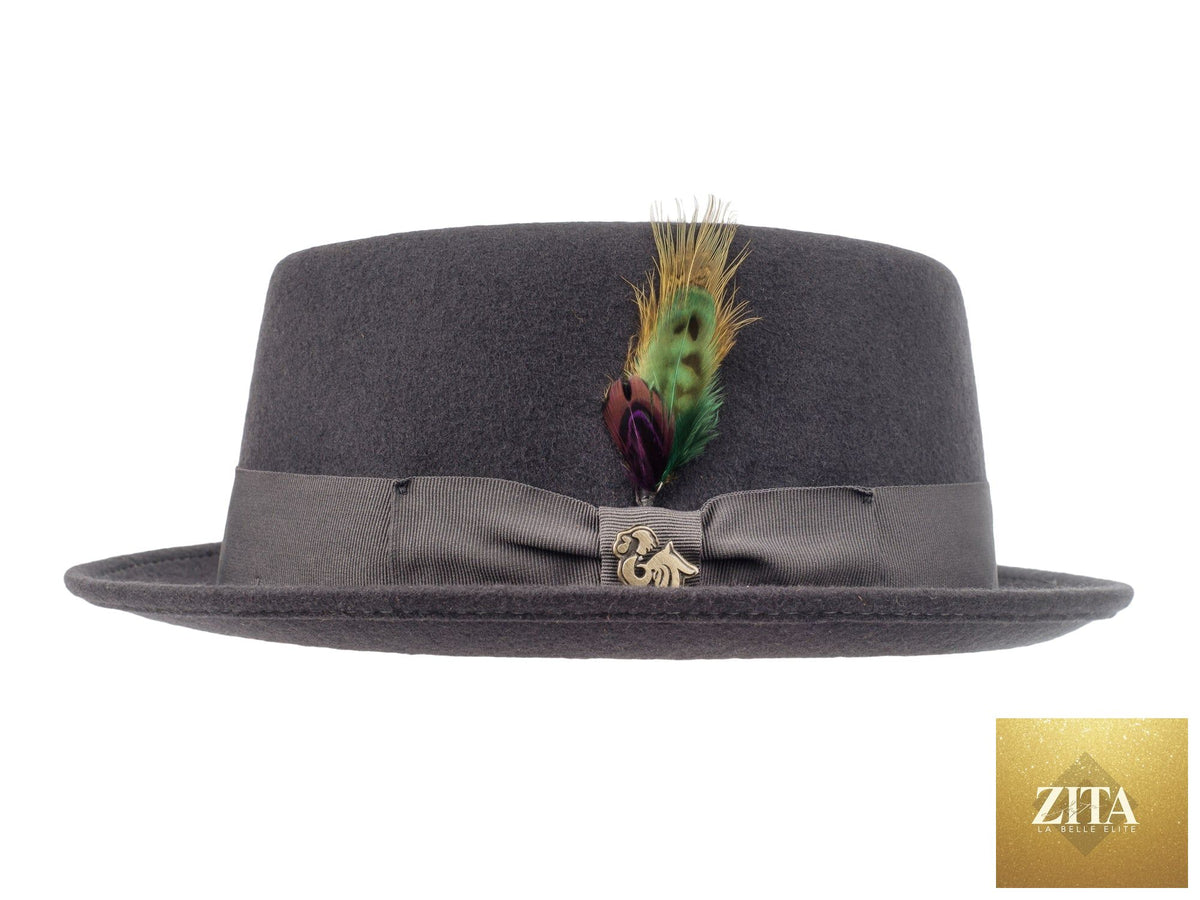 Dark grey Wool Felt Pork Pie hat by Zita La Belle Elite featuring a classic stingy brim and stylish design.