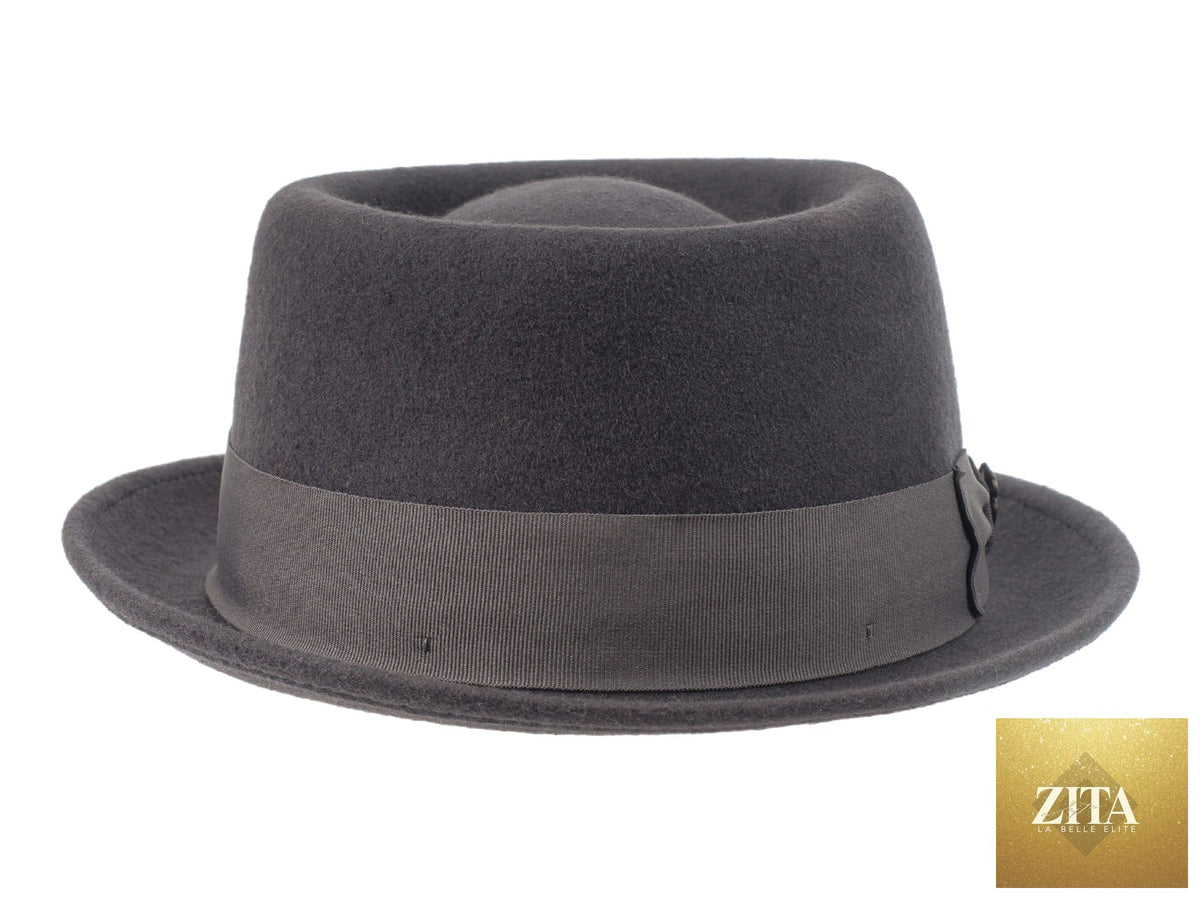 Dark grey wool felt pork pie hat by Zita La Belle Elite, classic stingy style with a rounded crown and narrow brim.