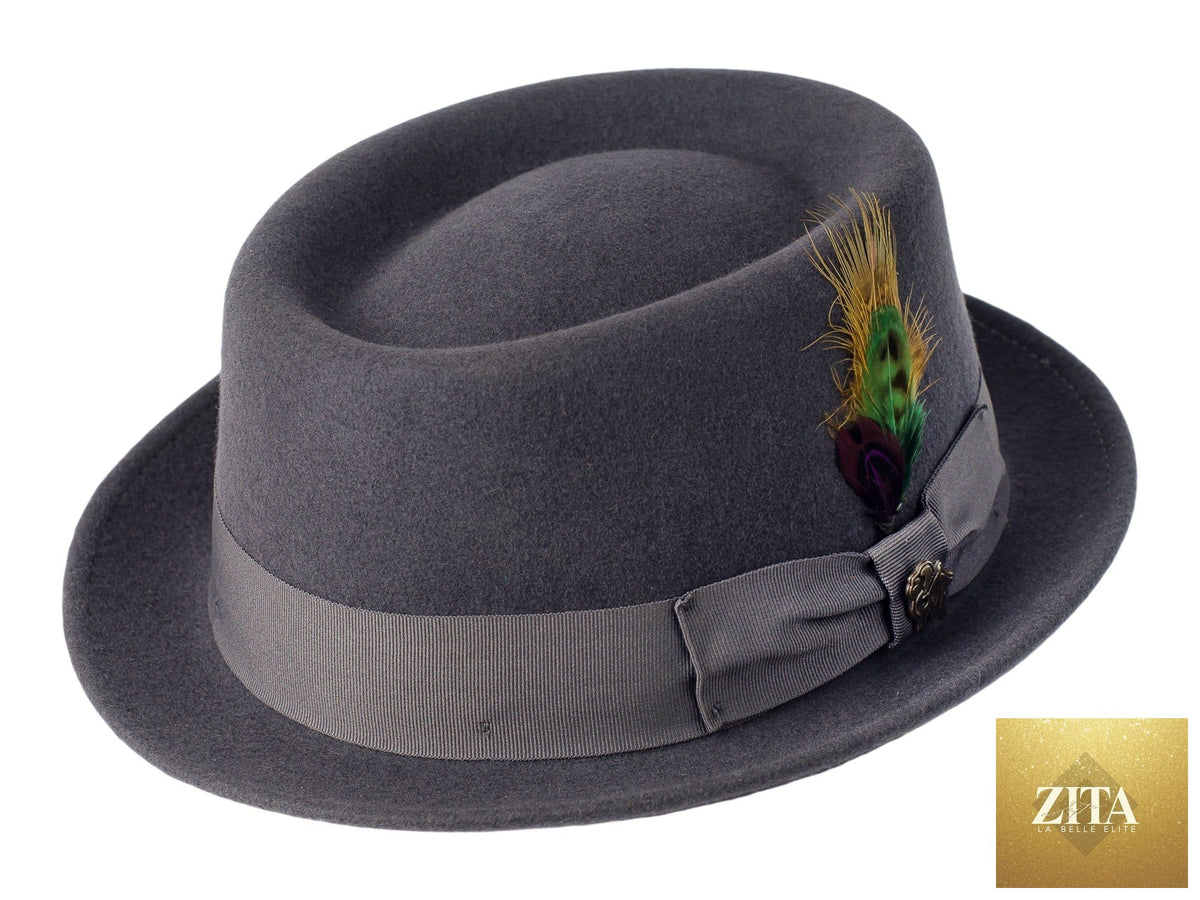 Dark grey Wool Felt Pork Pie hat by Zita La Belle Elite, featuring a classic stingy brim and stylish design.