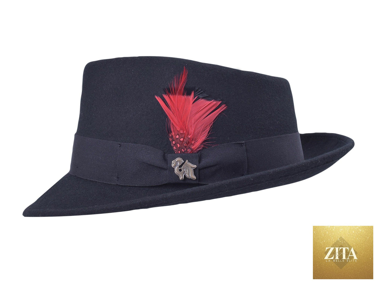 Black wool felt fedora hat by Zita La Belle Elite, featuring a classic wide brim and stylish design.