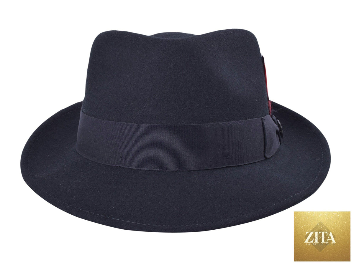 Black Wool Felt Fedora Hat by Zita La Belle Elite, featuring a classic wide brim and elegant design.