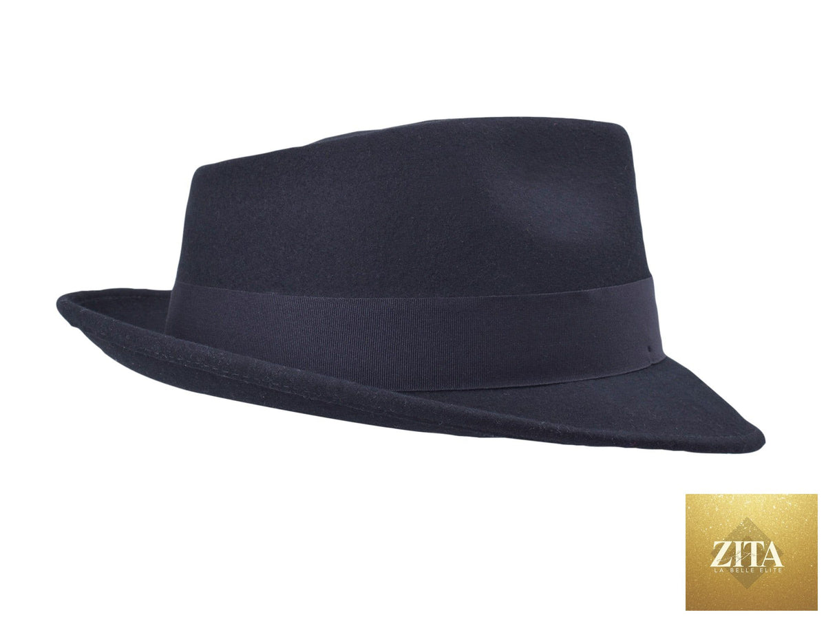 Black wool felt fedora hat by Zita La Belle Elite, featuring a classic wide brim and pinched crown in a stylish design.