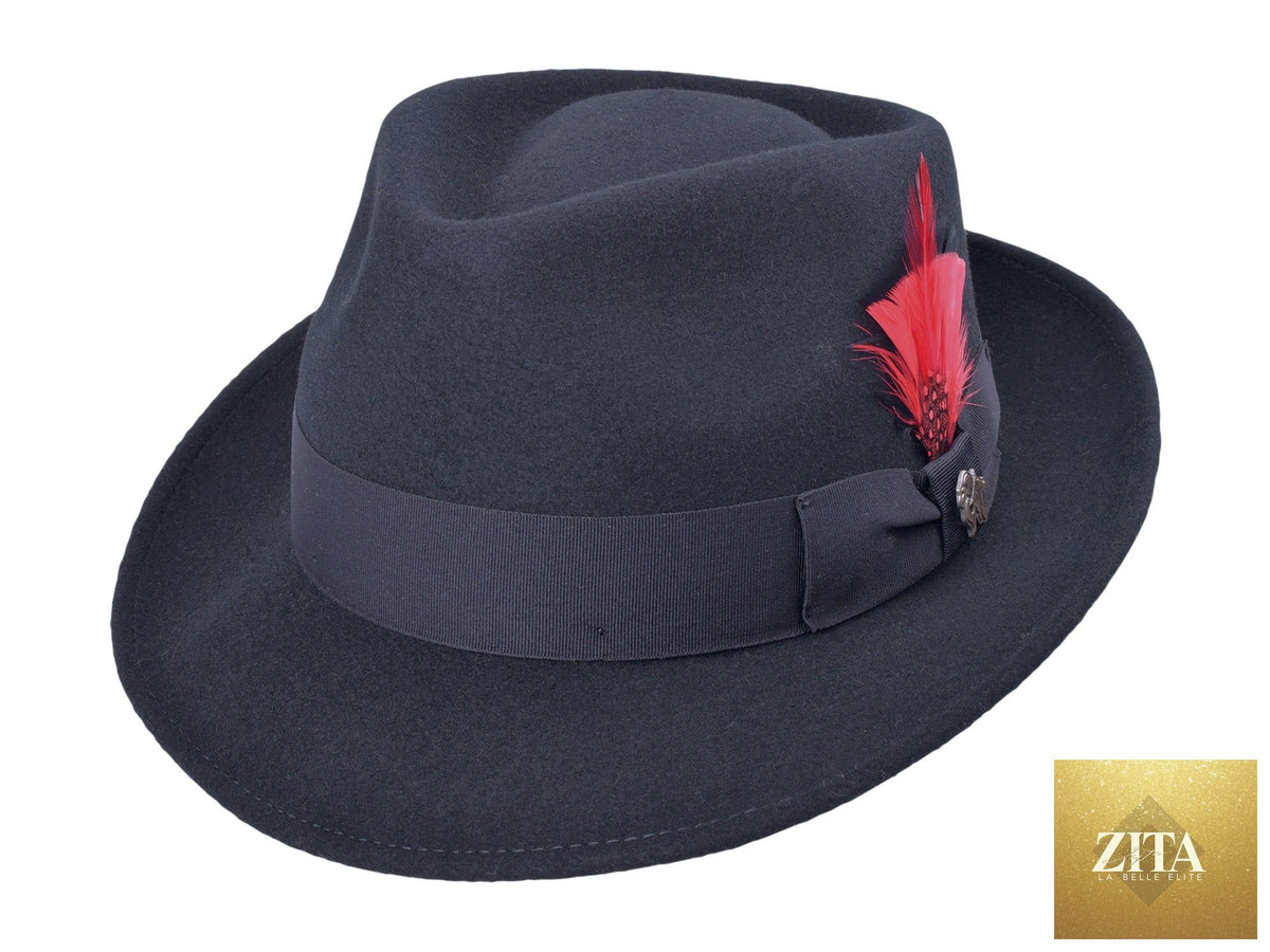 Black Wool Felt Fedora Hat by Zita La Belle Elite, featuring a wide brim and classic design, perfect for stylish headwear.