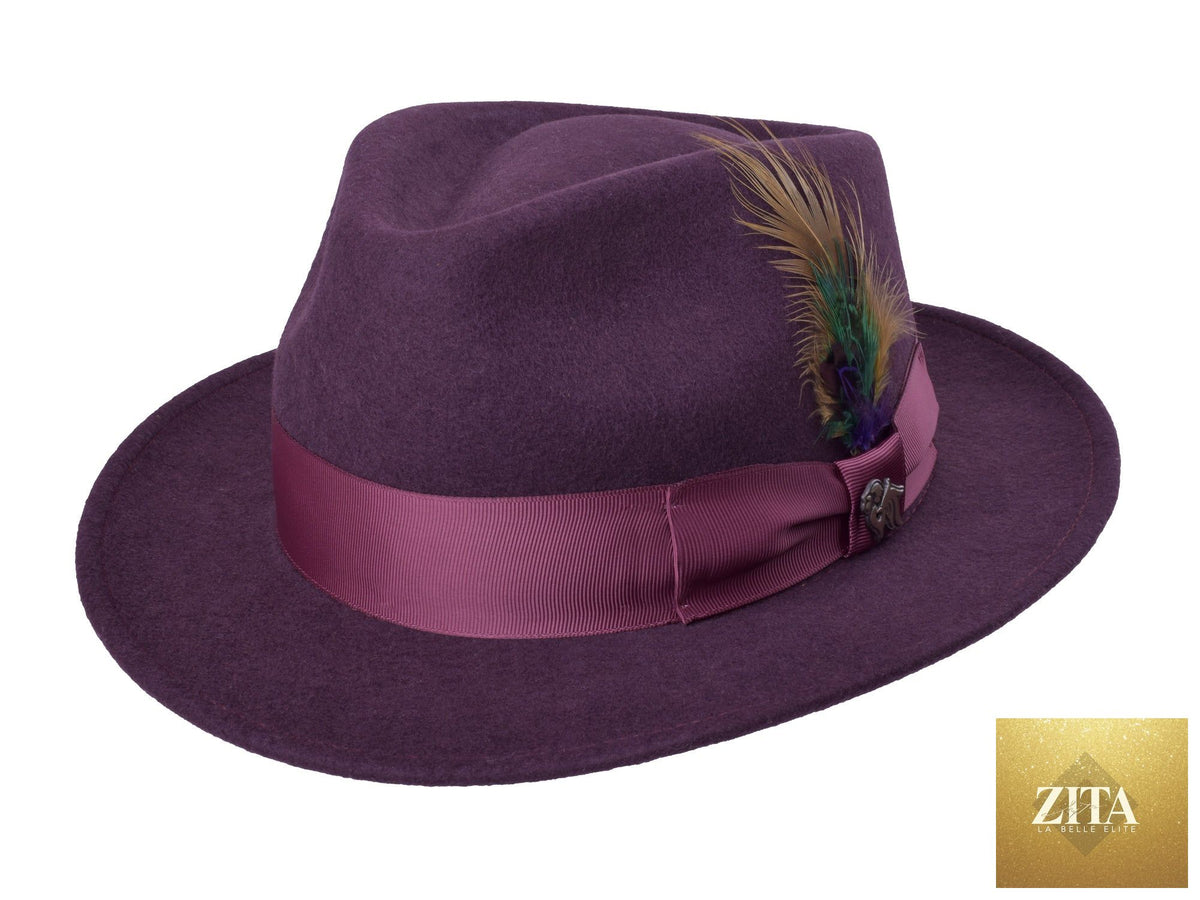 Black Wool Felt Fedora Hat by Zita La Belle Elite, featuring a classic style and wide brim, shown on a mannequin head.
