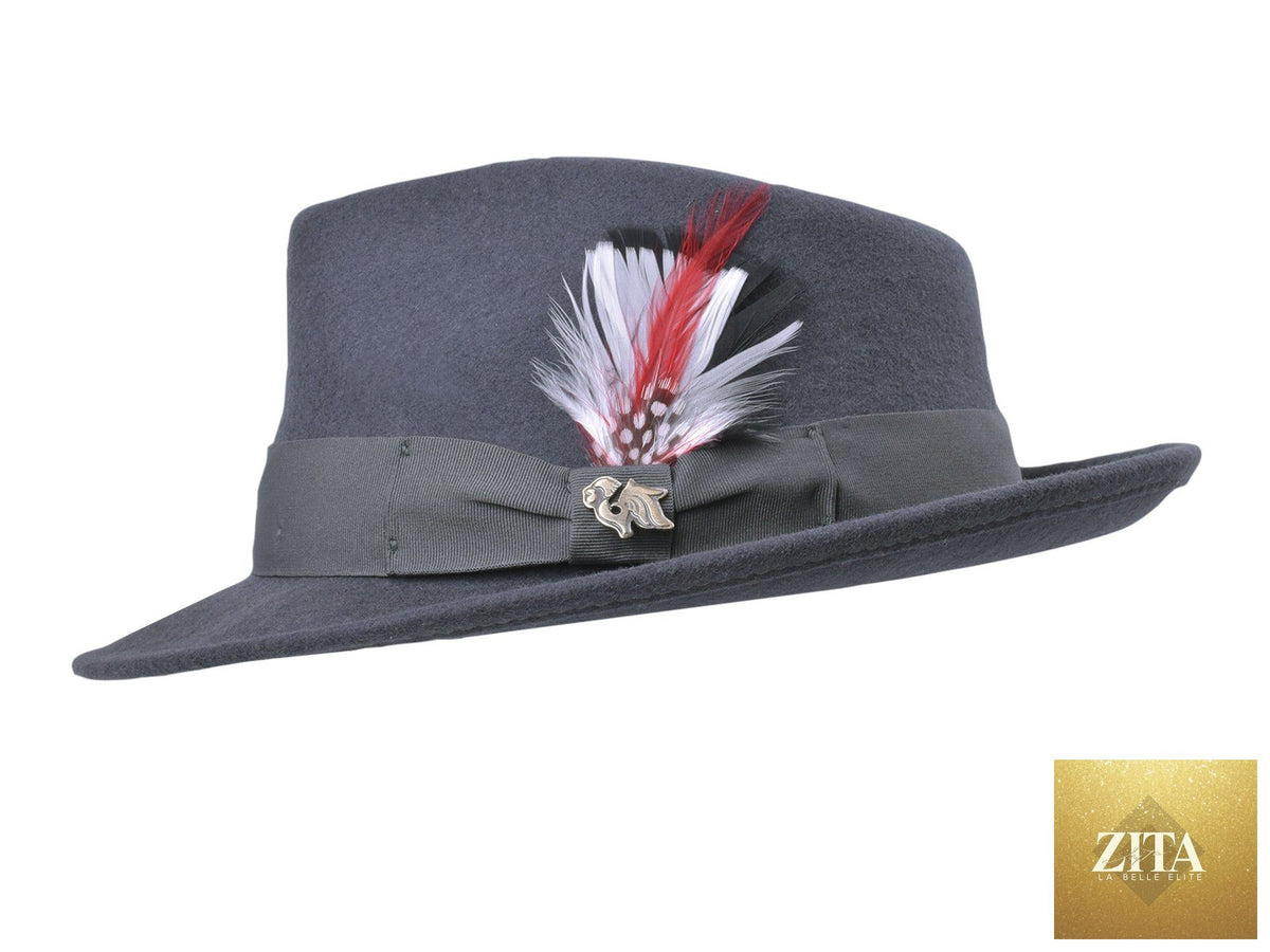 Dark gray Wool Felt Fedora Hat by Zita La Belle Elite, featuring a classic wide brim and stylish band detail.
