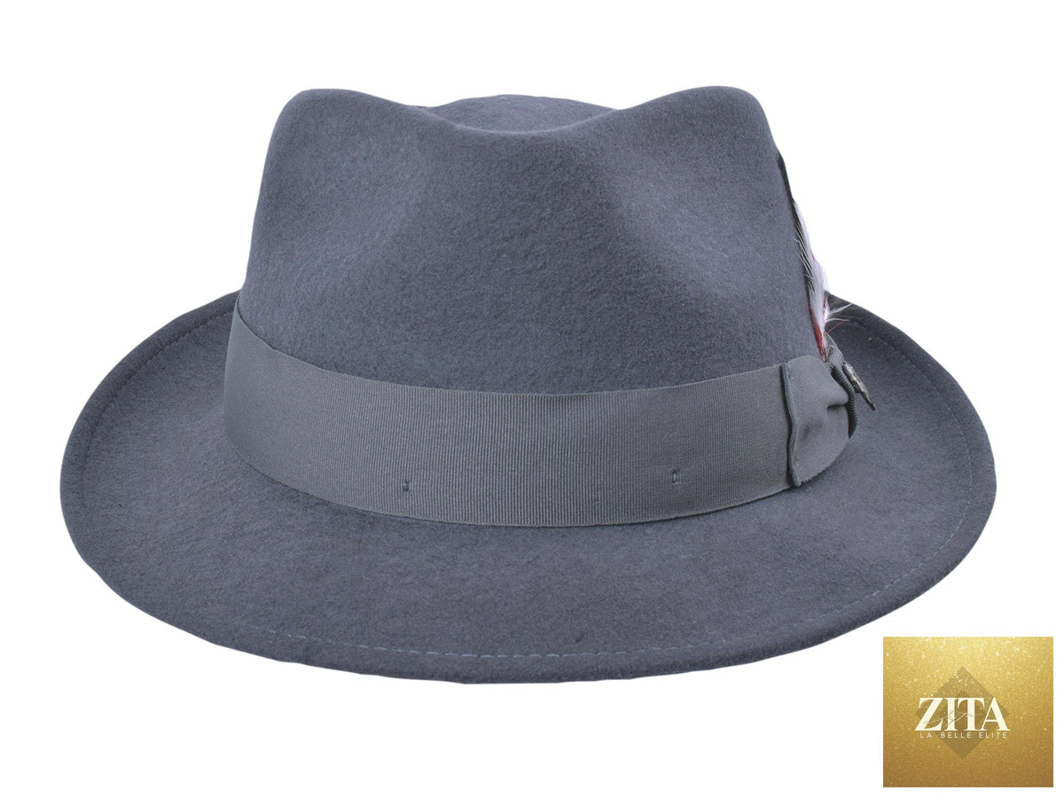 Dark gray Wool Felt Fedora Hat by Zita La Belle Elite, with a wide brim and classic fedora style.