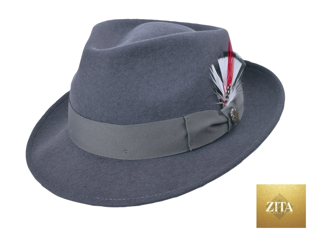 Dark gray Wool Felt Fedora Hat by Zita La Belle Elite, featuring a classic wide brim and stylish design.