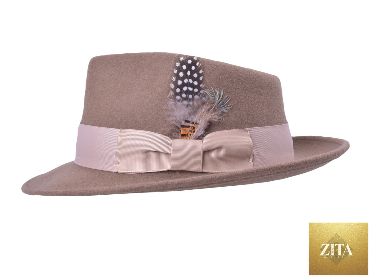 Zita La Belle Elite Wool Felt Fedora Hat in khaki with a wide brim and stylish band, designed for a classic fedora look.