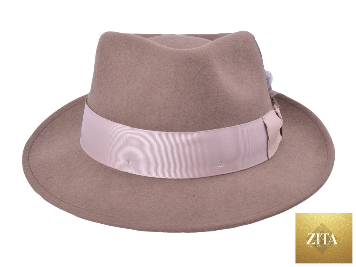 Zita La Belle Elite Wool Felt Fedora Hat in Khaki, stylish quickstep design with a wide brim and classic fedora shape.