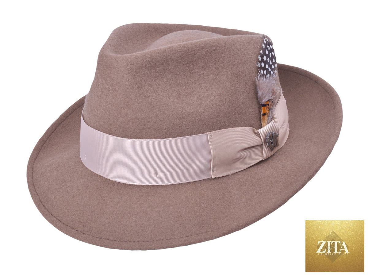 Zita La Belle Elite Wool Felt Fedora Hat in khaki, stylish quickstep design with a wide brim and classic fedora shape.