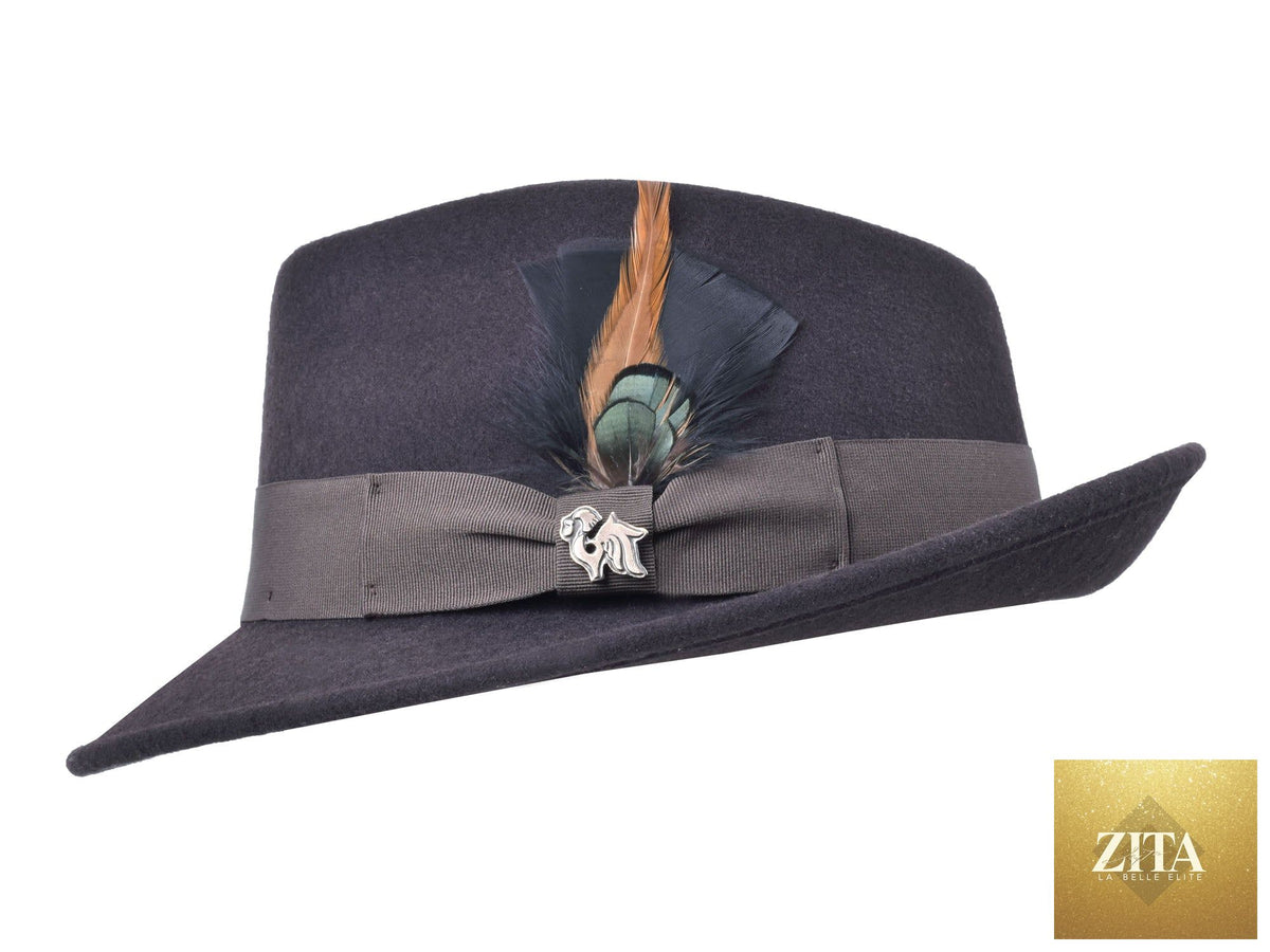 Dark brown wool felt fedora hat by Zita La Belle Elite, featuring a classic style and wide brim.