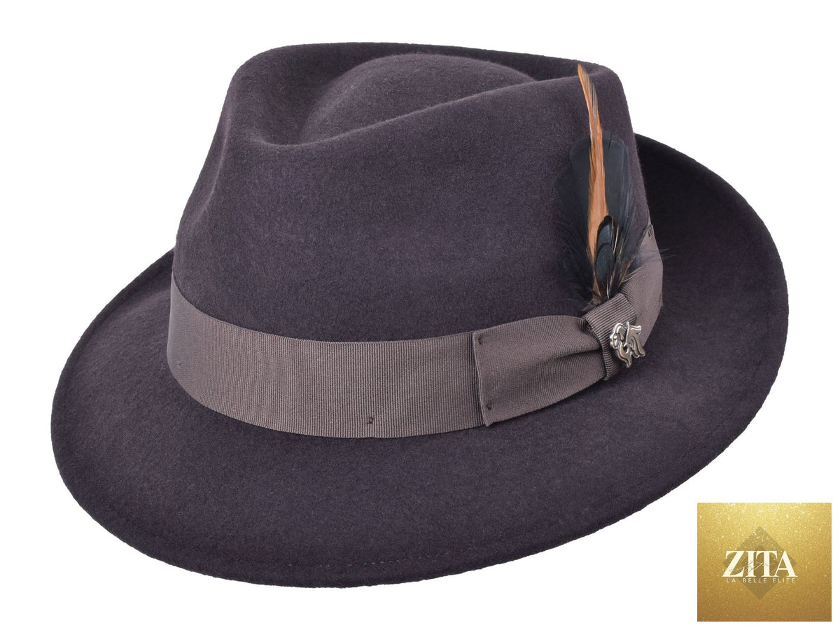 Dark brown wool felt fedora hat by Zita La Belle Elite, featuring a classic design and wide brim.