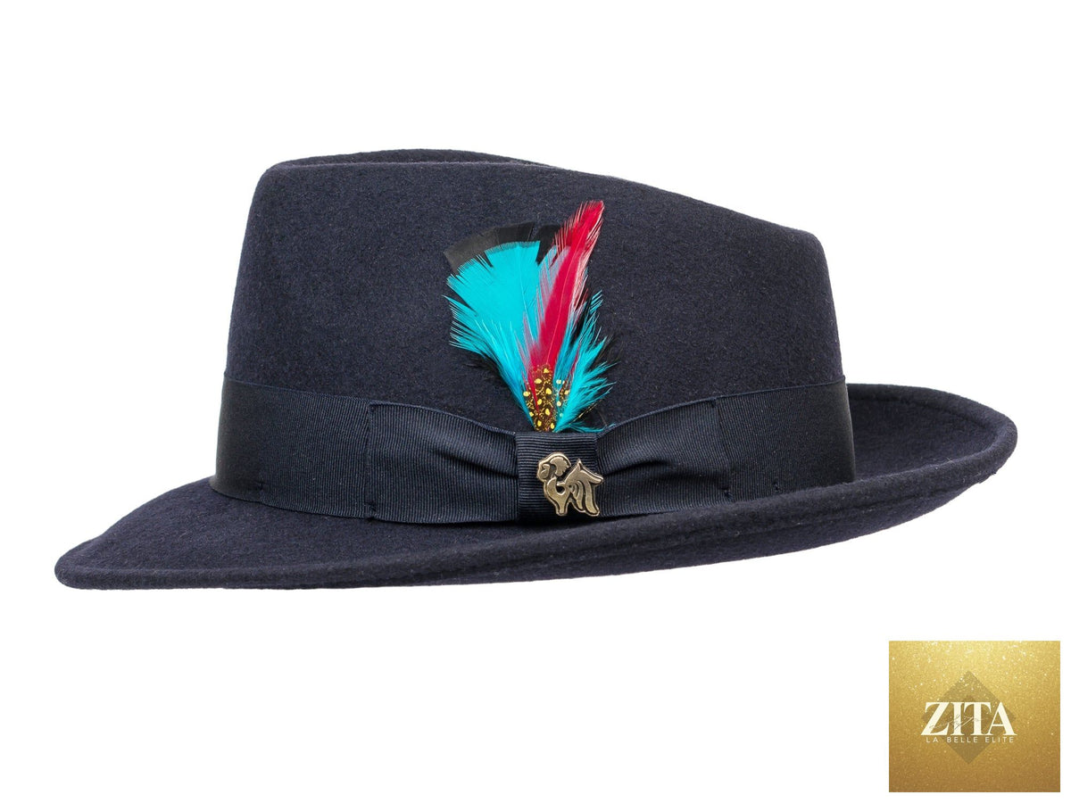 Navy wool felt fedora hat by Zita La Belle Elite, style Quickstep, shown on a mannequin head.