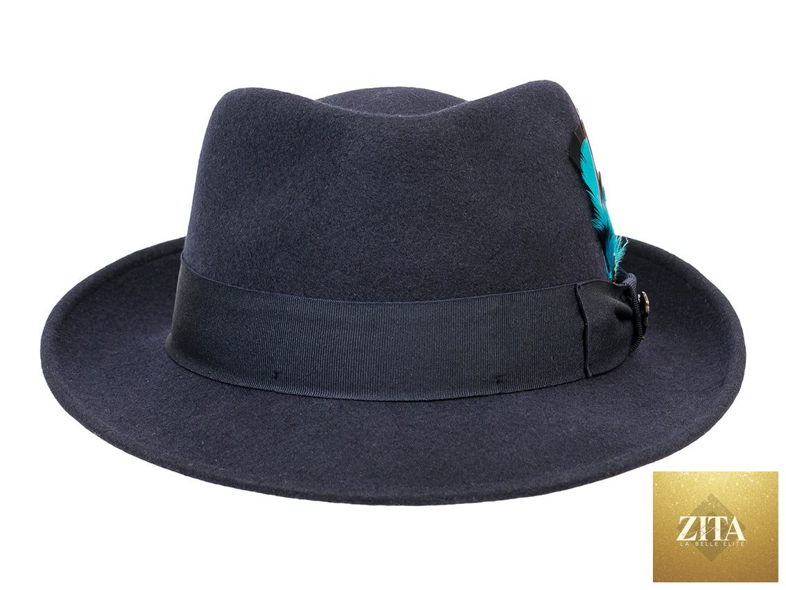 Navy wool felt fedora hat by Zita La Belle Elite, featuring a classic wide brim and stylish band for a sophisticated look.