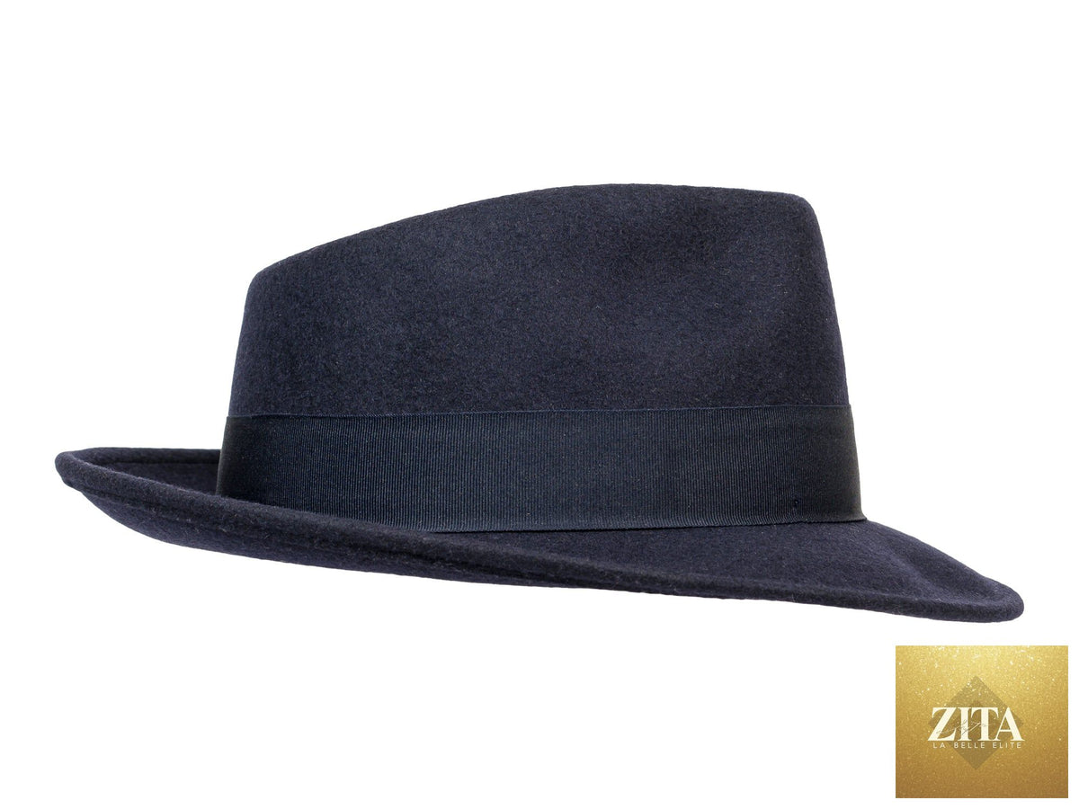 Navy wool felt fedora hat by Zita La Belle Elite, featuring a classic wide brim and stylish design for men.