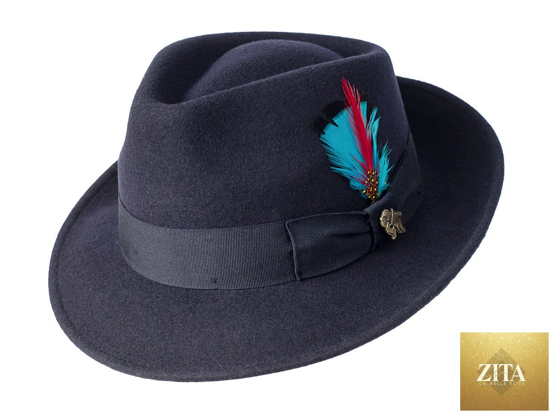 Navy wool felt fedora hat by Zita La Belle Elite, featuring a classic wide brim and stylish design.