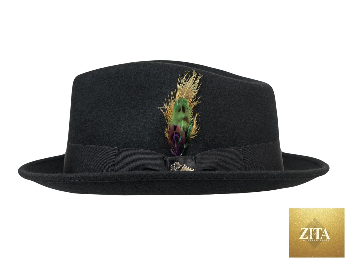 Black wool felt fedora hat by Zita La Belle Elite, featuring a classic Roma Stingy style with a wide brim and pinched crown.