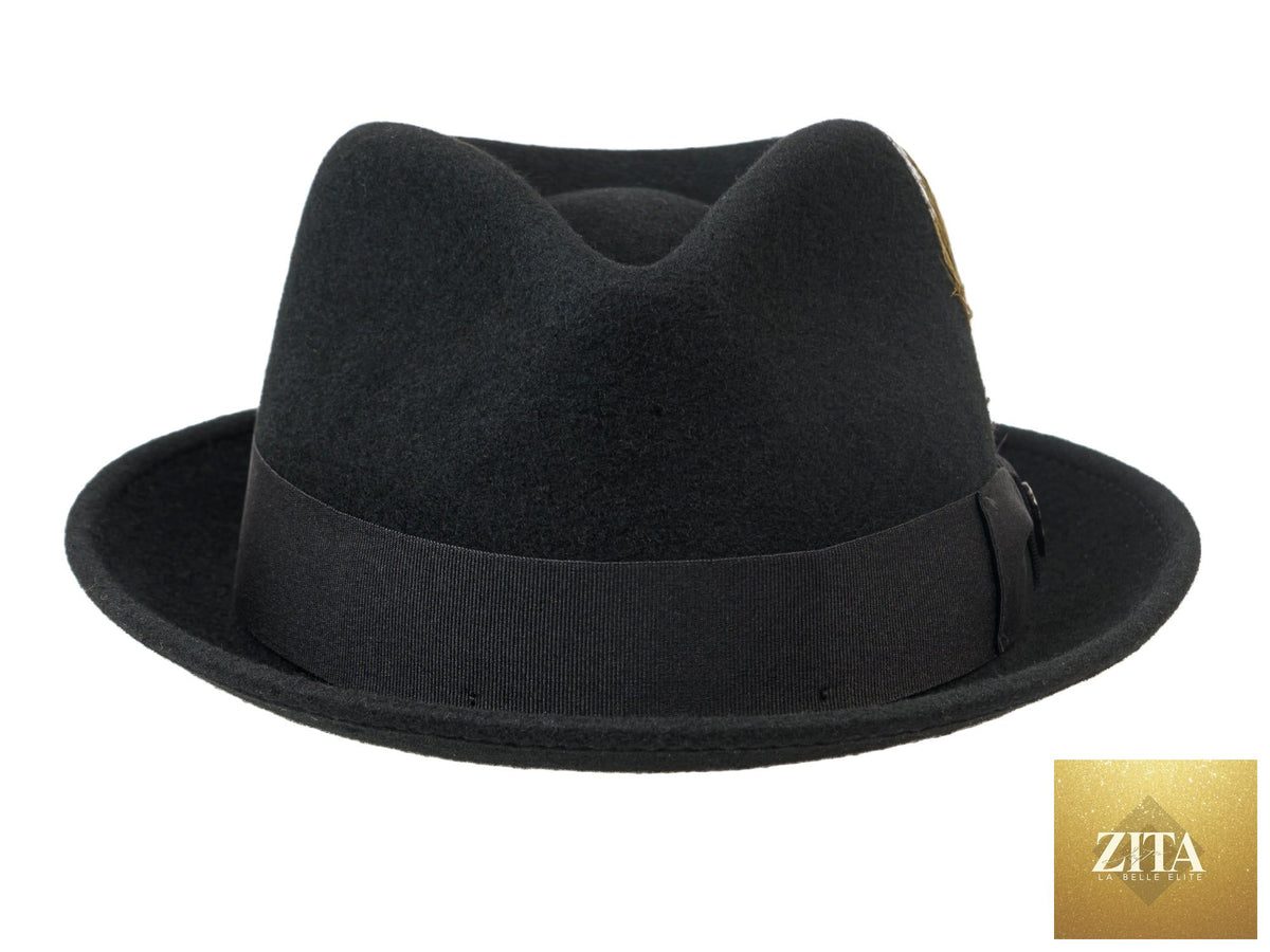Black Wool Felt Fedora Hat by Zita La Belle Elite, featuring a classic Roma Stingy style with a wide brim and stylish design.