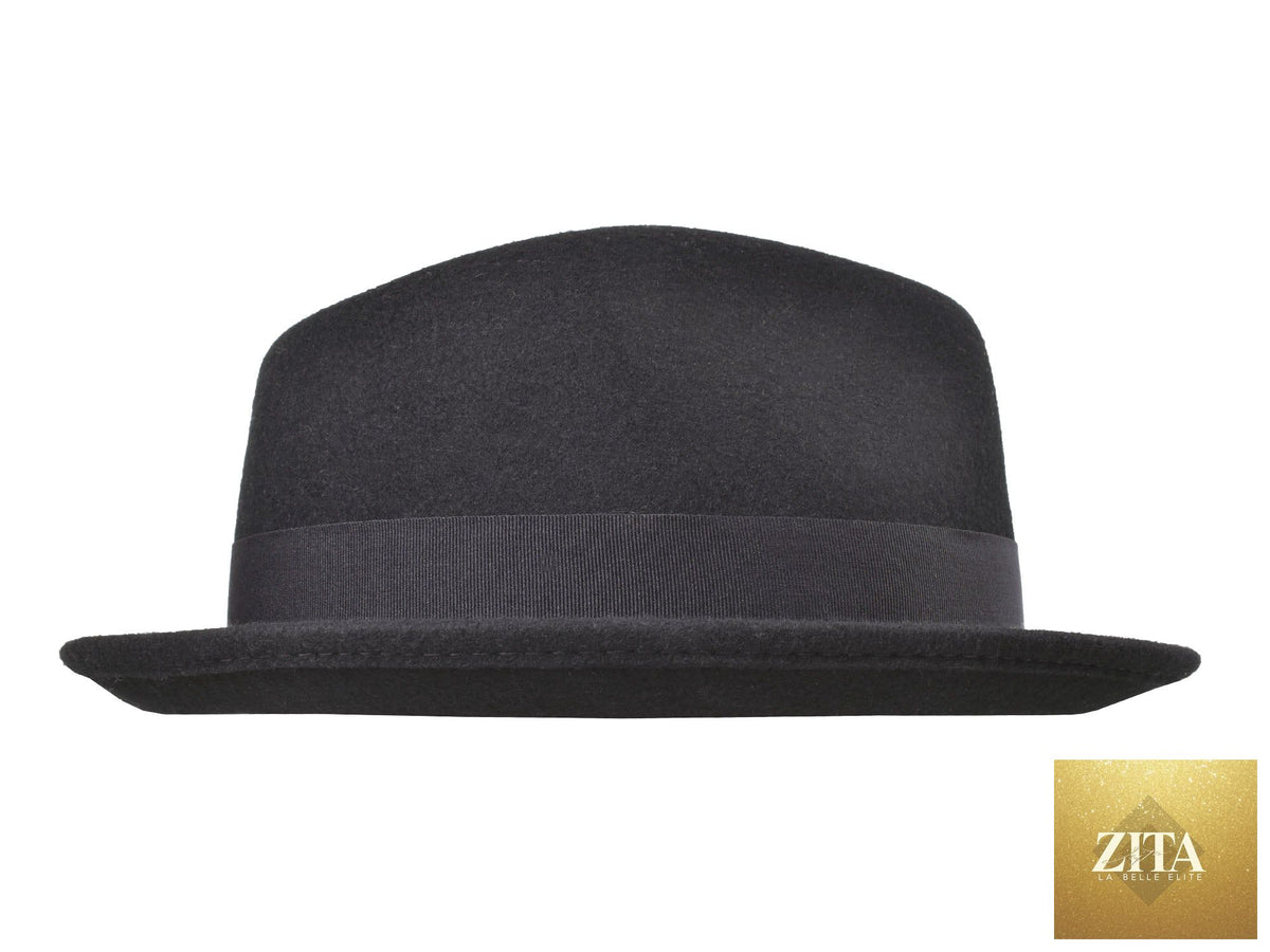 Black wool felt fedora hat by Zita La Belle Elite, featuring a classic Roma Stingy style with a wide brim and elegant design.