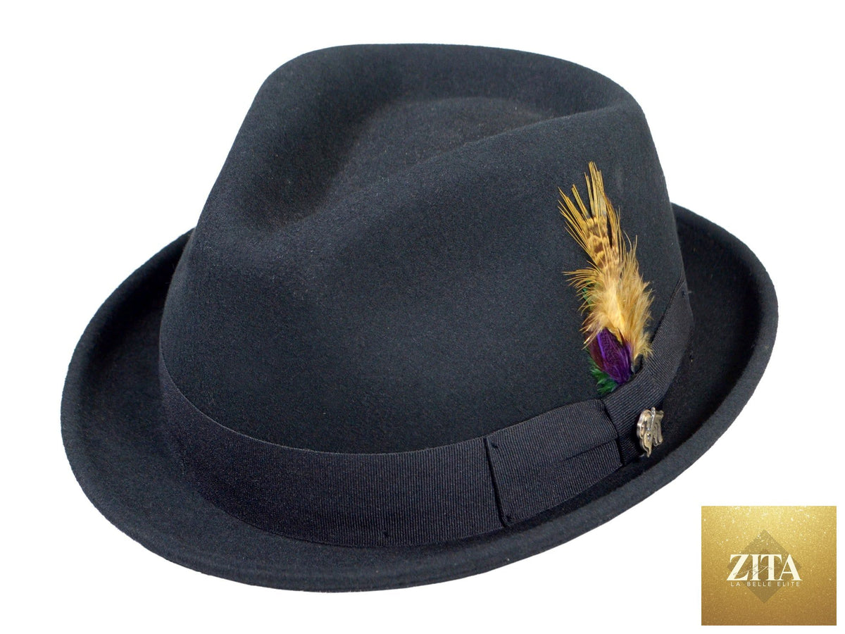 Black Wool Felt Fedora Hat by Zita La Belle Elite, with classic Roma Stingy style, featuring a wide brim and sleek design.