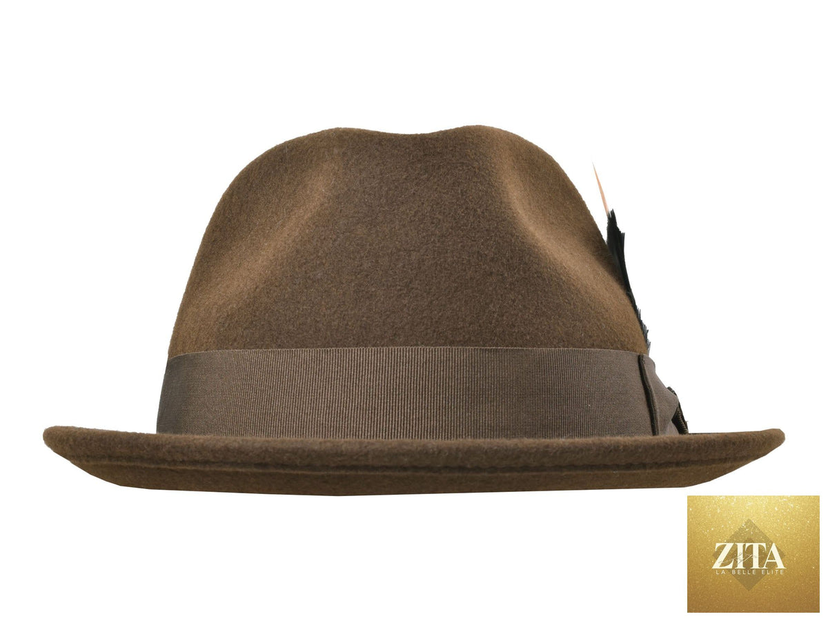 Chocolate wool felt fedora hat by Zita La Belle Elite, classic Roma Stingy style with a wide brim and stylish design.