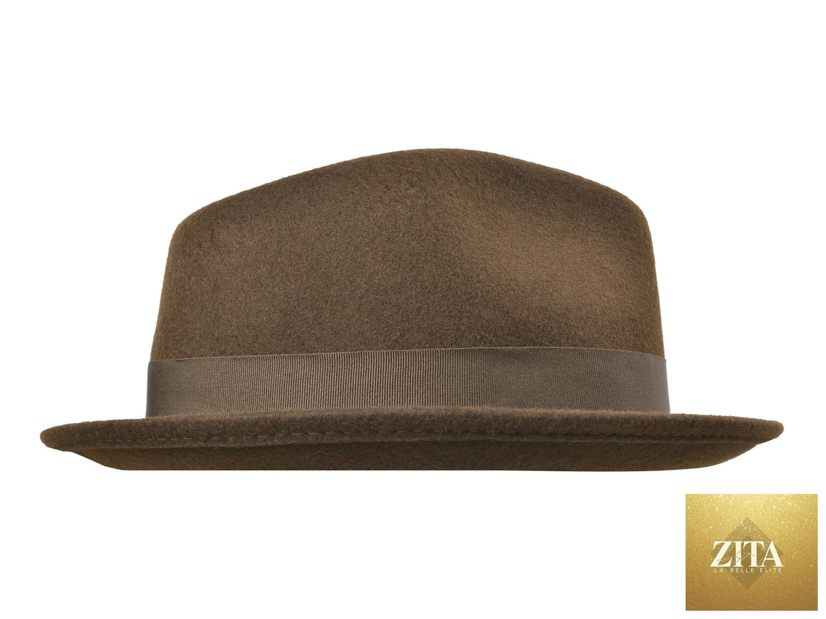Zita La Belle Elite Wool Felt Fedora Hat in classic Roma Stingy style, chocolate brown color, with a wide brim and fedora crown.