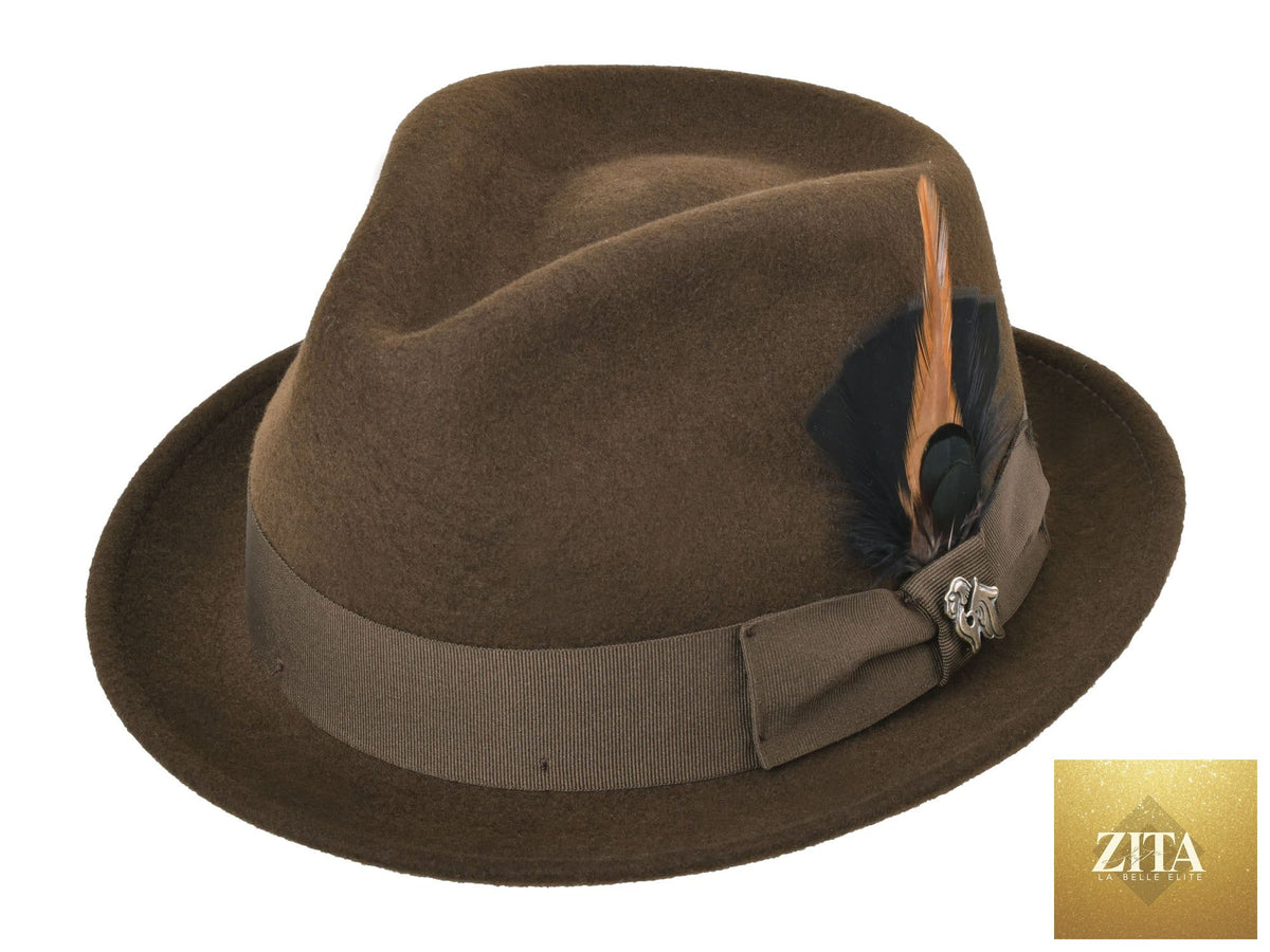 Chocolate wool felt fedora hat by Zita La Belle Elite, featuring a classic Roma Stingy style with a wide brim and pinch crown.