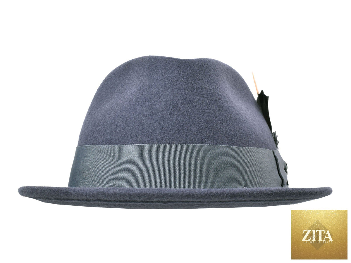 Dark grey wool felt fedora hat by Zita La Belle Elite, classic Roma Stingy style, shown from front angle.