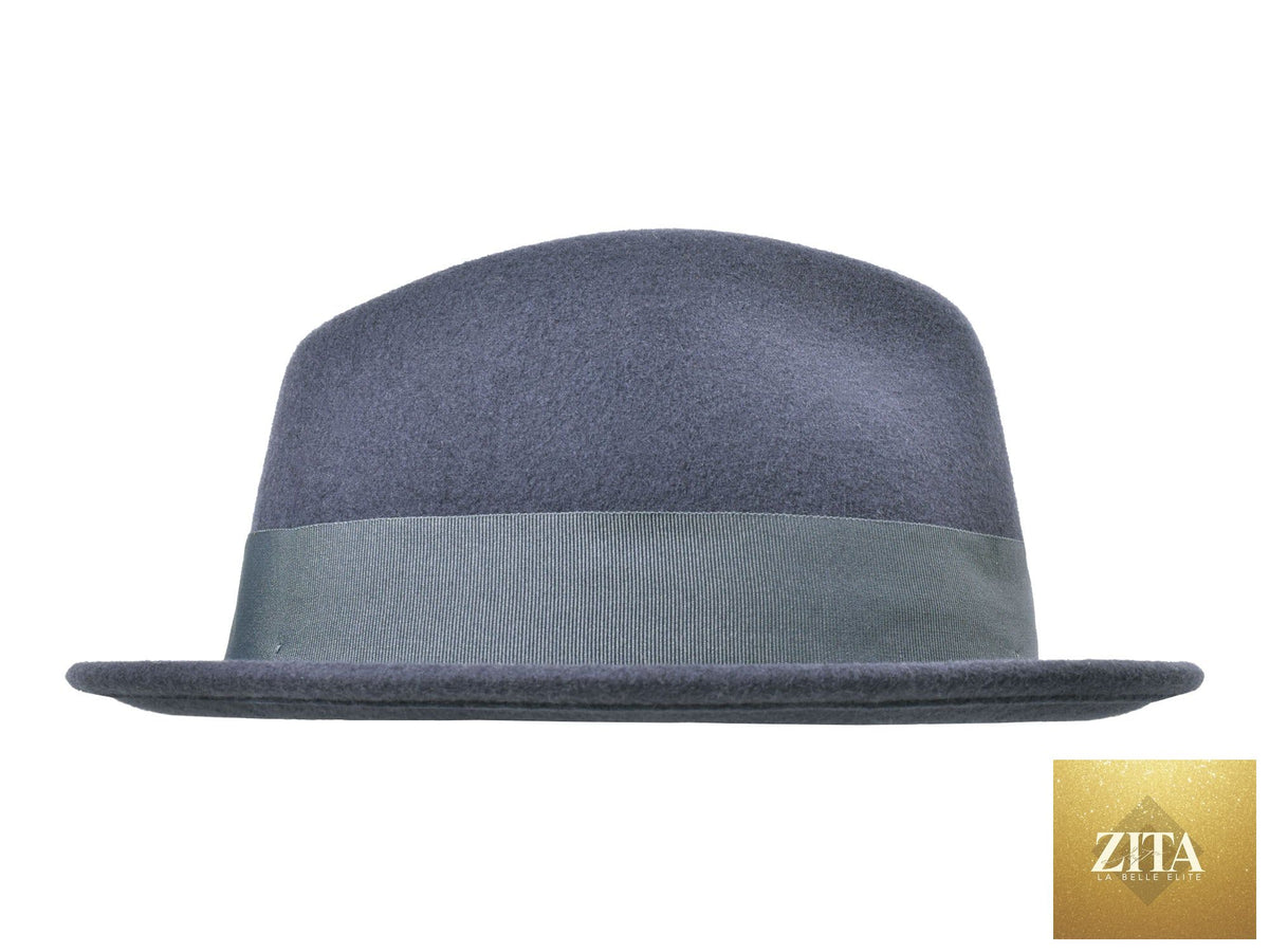 Dark grey Wool Felt Fedora hat by Zita La Belle Elite, styled in a classic Roma Stingy design with a wide brim and pinched crown.