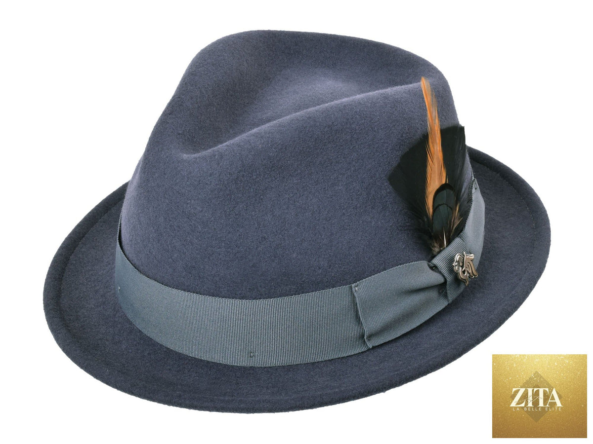 Dark grey Wool Felt Fedora hat by Zita La Belle Elite, showcasing a classic Roma Stingy style with a wide brim and pinched crown.