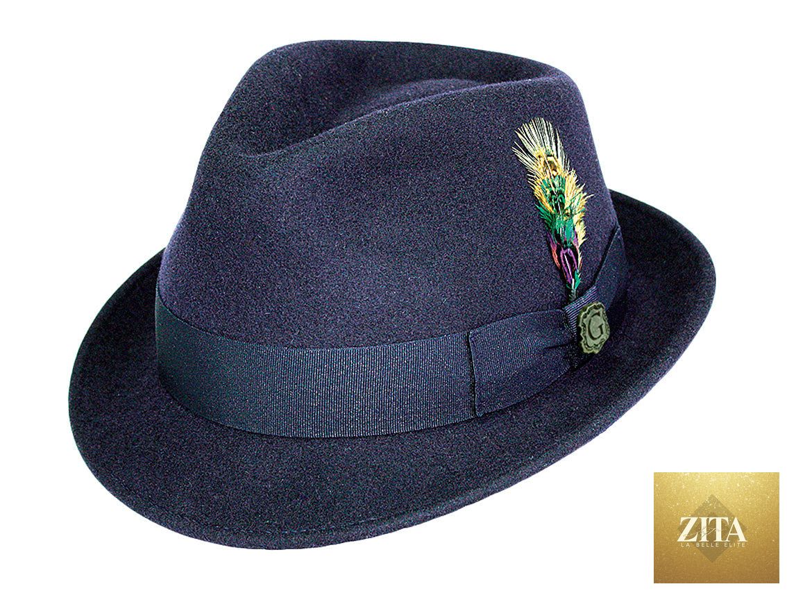 Navy wool felt fedora hat by Zita La Belle Elite, featuring a classic Roma Stingy style with a wide brim and pinched crown.