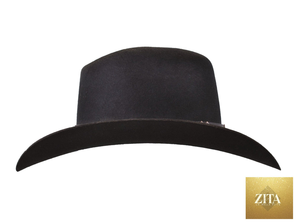 Zita La Belle Elite outdoor merino wool felt cattleman hat in rustler style, shown in black with wide brim and classic design.