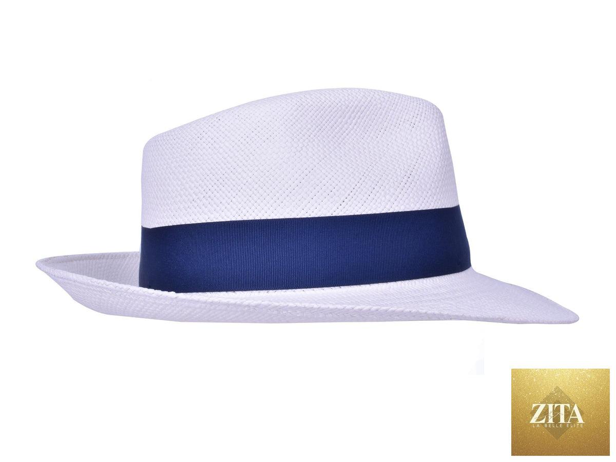 White Panama fedora hat by Zita La Belle Elite, featuring a wide brim and stylish design for sun protection and fashion.