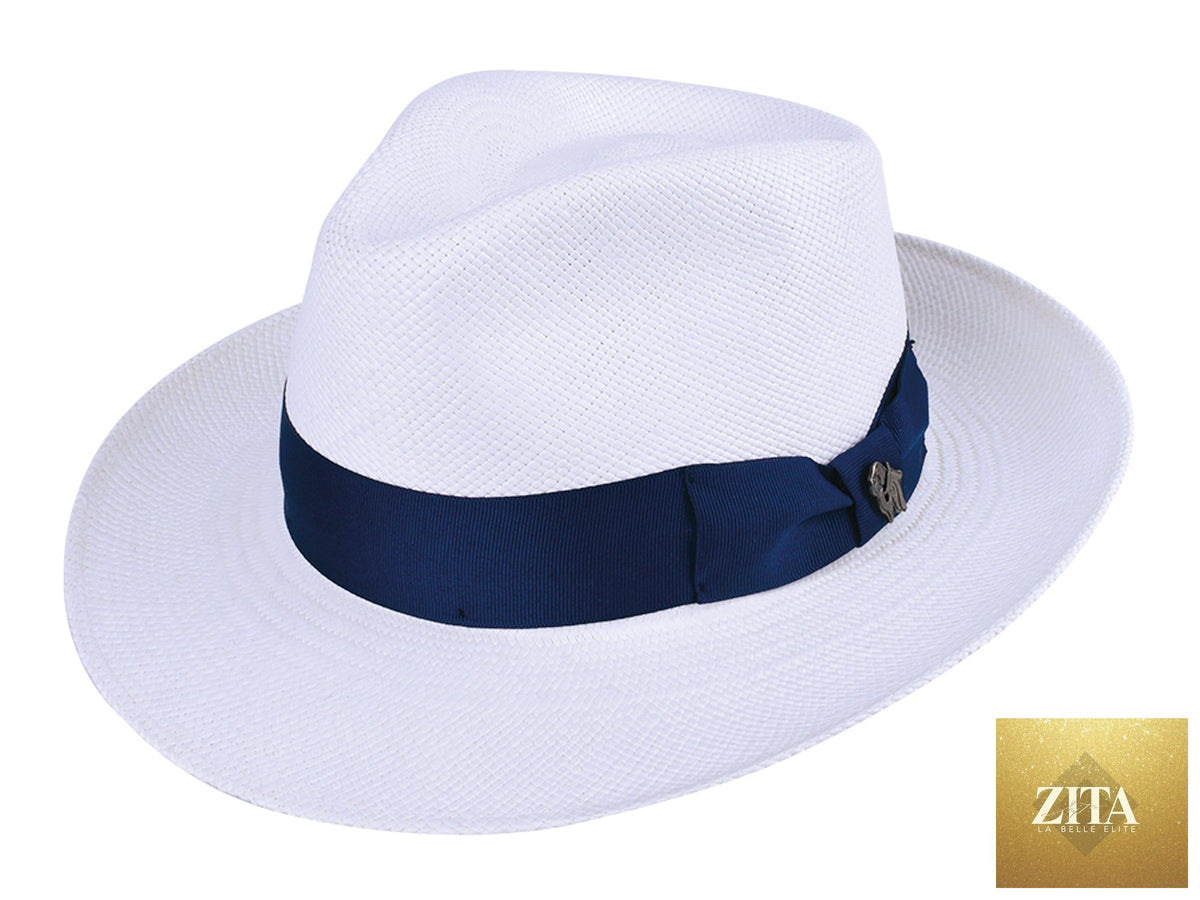 White Panama fedora hat by Zita La Belle Elite, style Santorini, featuring a wide brim and classic straw weave.
