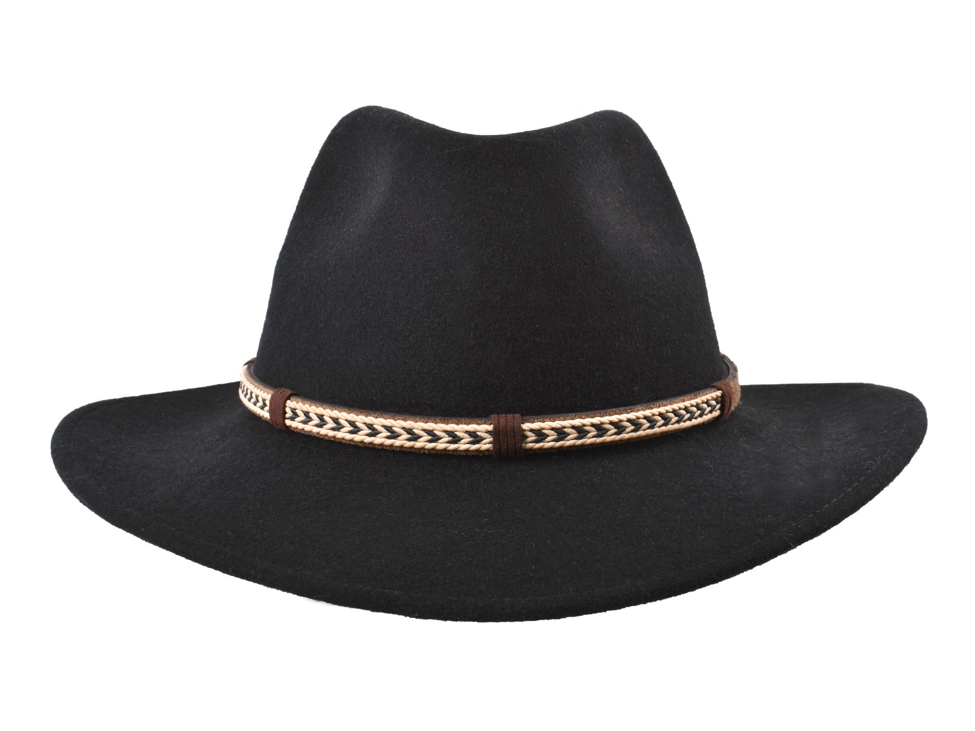 Black outdoor merino wool felt fedora hat by Bigalli Hats USA with a classic design and wide brim.