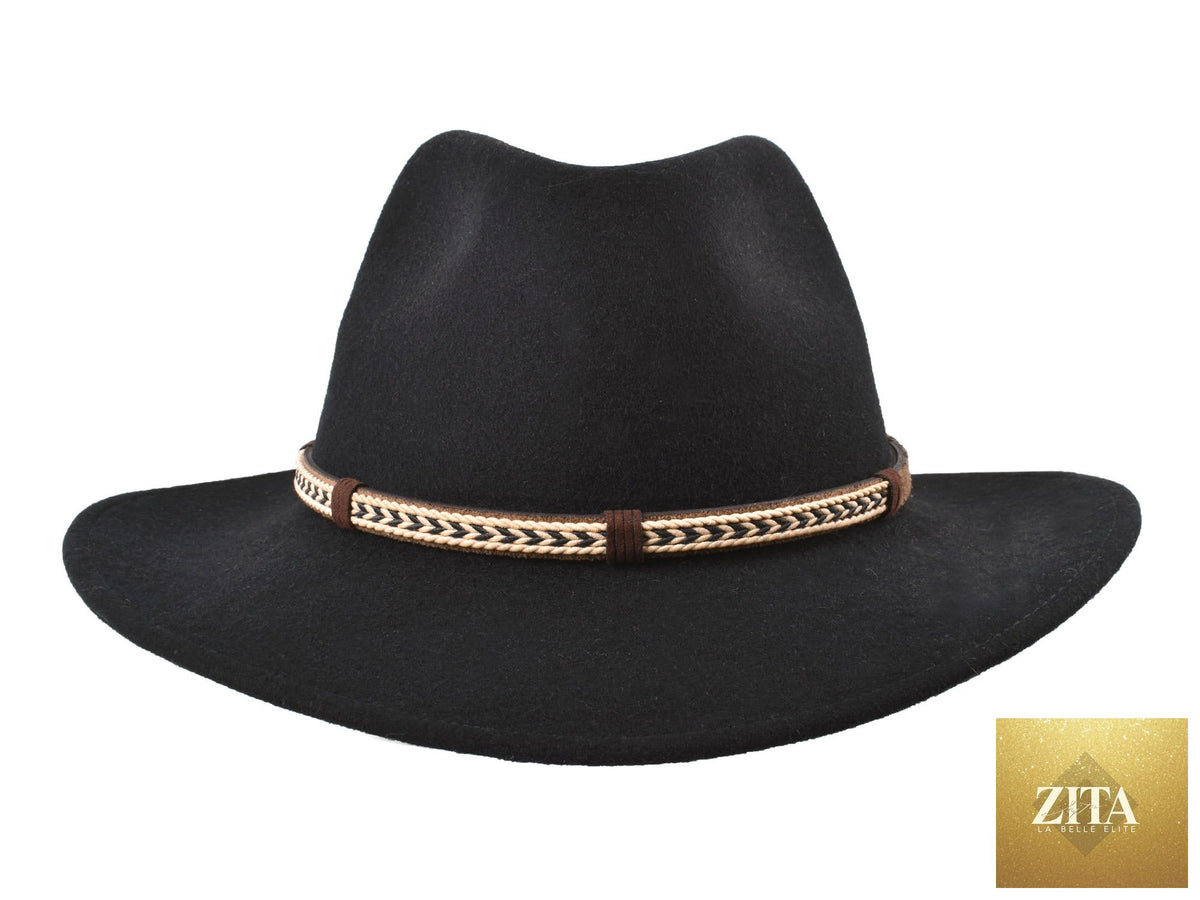 Black outdoor merino wool felt fedora hat by Zita La Belle Elite, with a wide brim and stylish design.