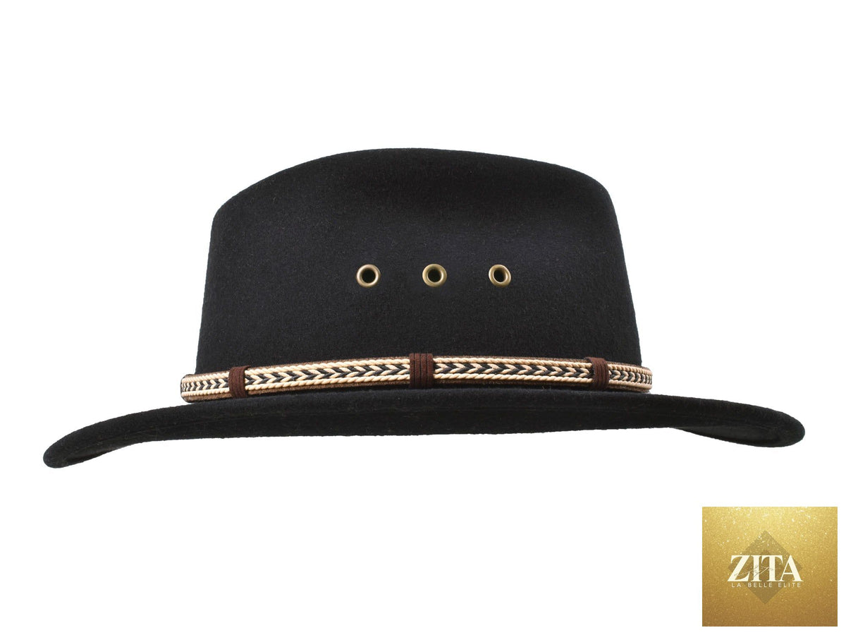 Black outdoor Merino wool felt fedora hat by Zita La Belle Elite, Scout model, with a wide brim and stylish design.
