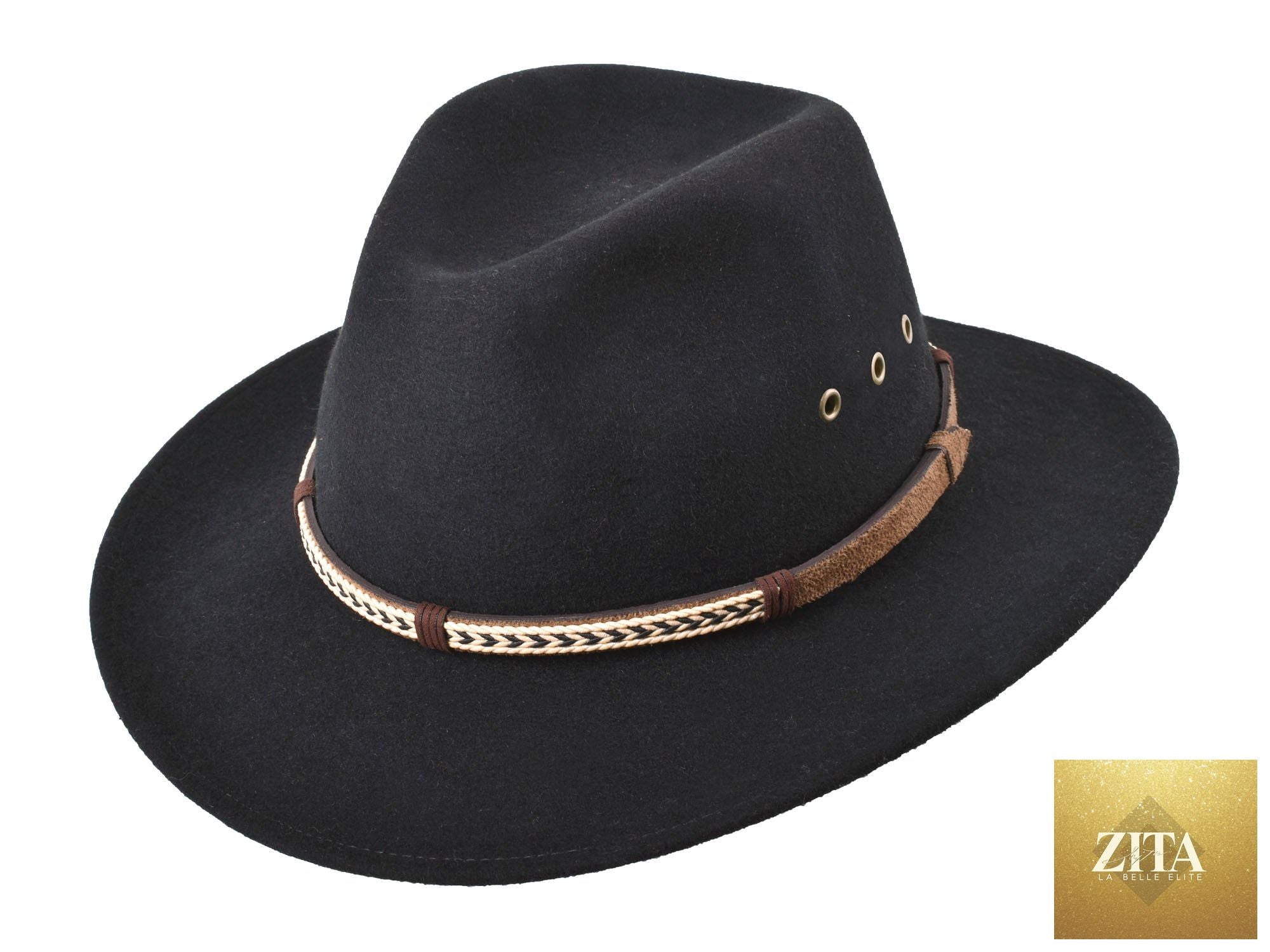 Black outdoor Merino wool felt fedora hat from Bigalli Hats USA, style Scout, with a wide brim and classic design.