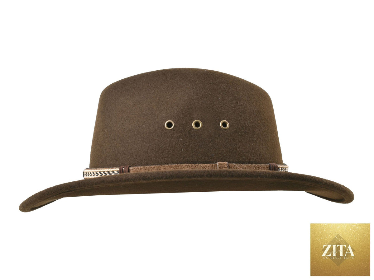 Chocolate brown outdoor Merino wool felt fedora hat by Zita La Belle Elite, featuring a wide brim and stylish design.