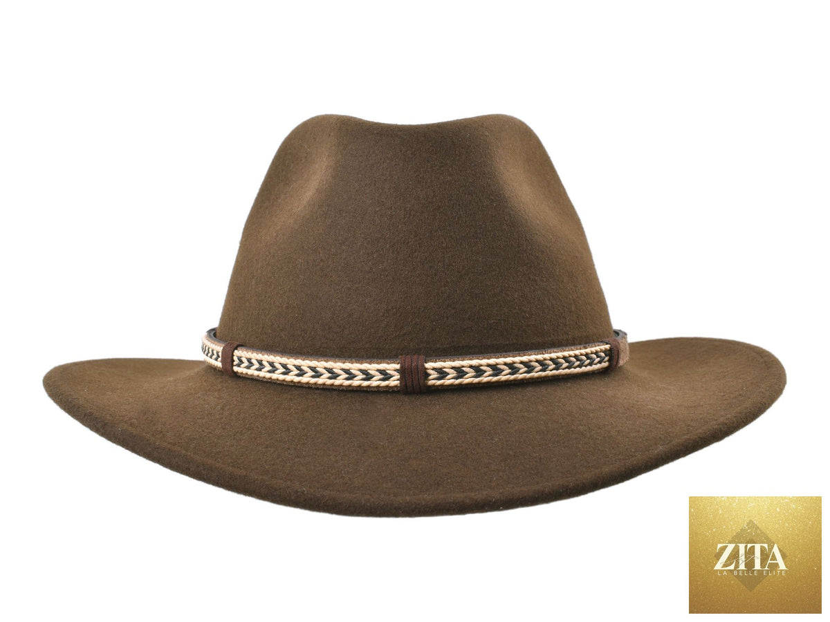Chocolate brown outdoor Merino wool felt fedora hat by Zita La Belle Elite, designed for outdoor and casual wear.