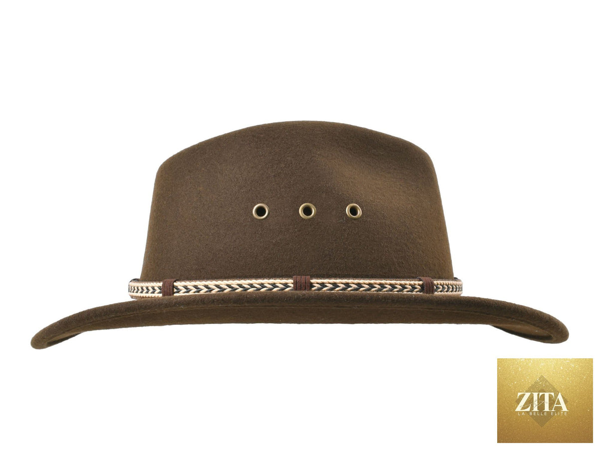 Chocolate brown outdoor merino wool felt fedora hat by Zita La Belle Elite with a wide brim and stylish design.