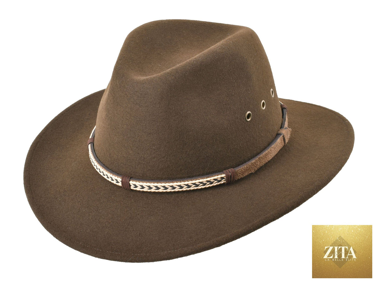 Zita La Belle Elite outdoor merino wool felt fedora hat with wide brim in chocolate color, stylish and warm for outdoor wear