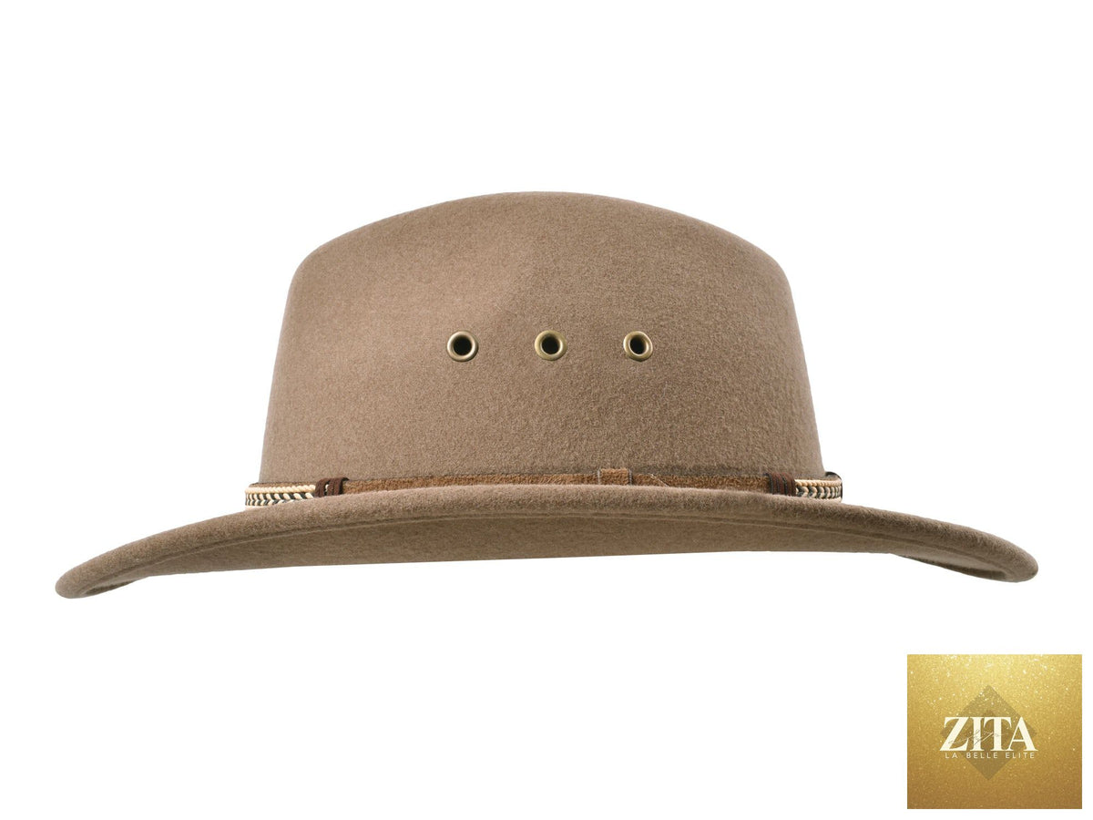 Khaki outdoor Merino wool felt fedora hat by Zita La Belle Elite, style Scout with a wide brim and classic design.