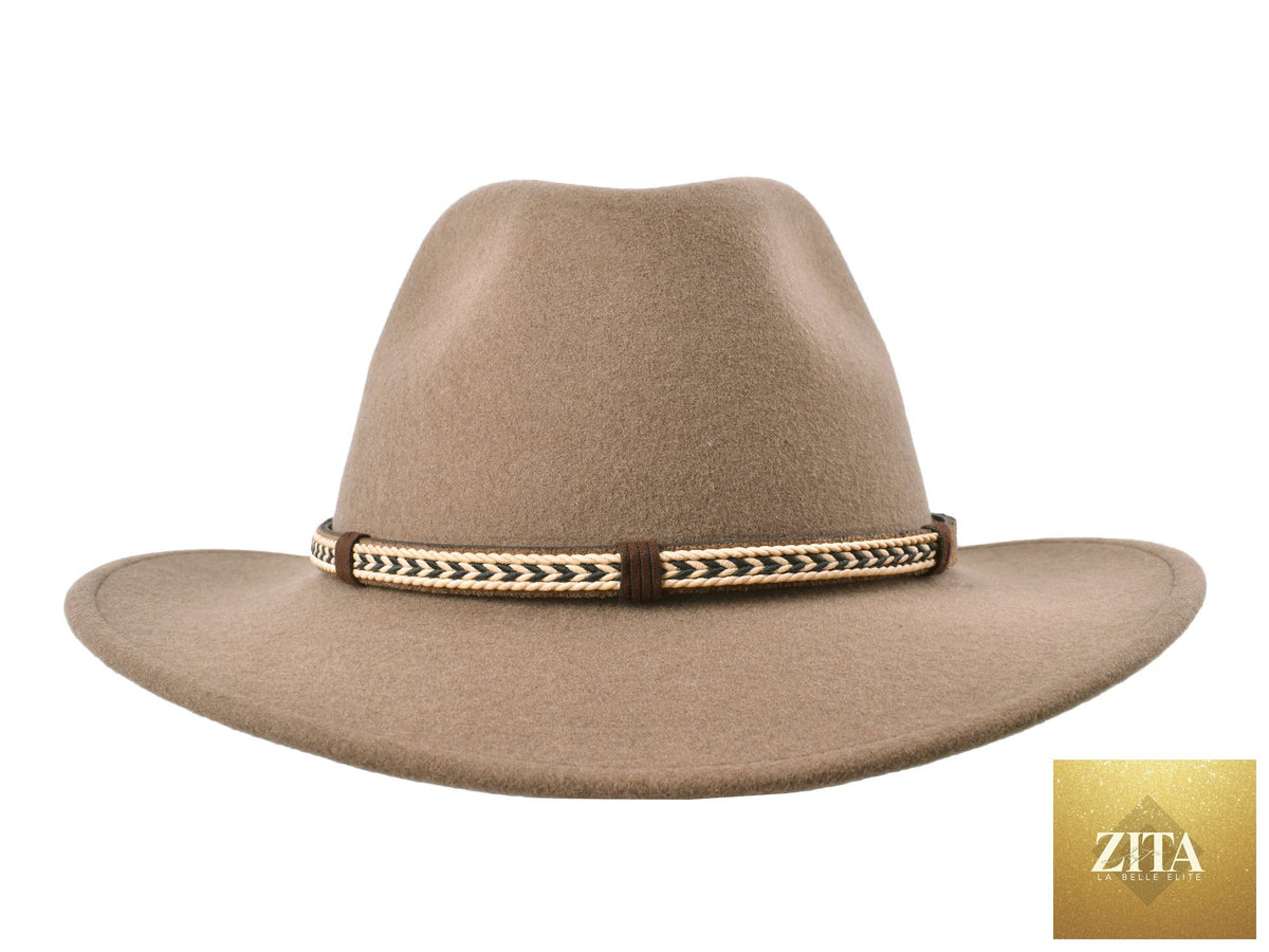 Khaki outdoor merino wool felt fedora hat by Zita La Belle Elite, Scout style with a wide brim and classic design.