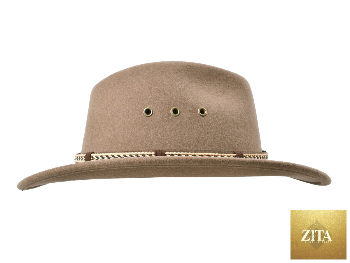 Khaki outdoor merino wool felt fedora hat by Zita La Belle Elite, Scout style with wide brim and stylish design.