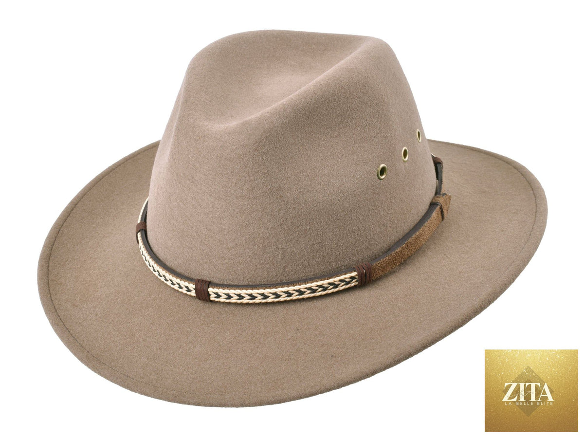 Khaki outdoor merino wool felt fedora hat by Zita La Belle Elite with wide brim and stylish design.