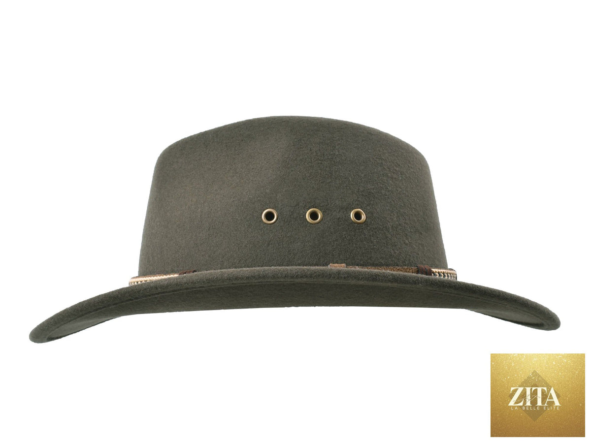 Zita La Belle Elite outdoor merino wool felt fedora hat with a wide brim in moss green, stylish and suitable for outdoor wear.